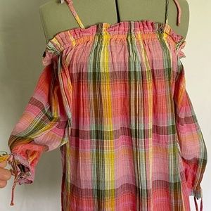 Off the Shoulder A.N.A. Women's Size SMALL Plaid Gauzy Top 3/4 Sleeves NWT